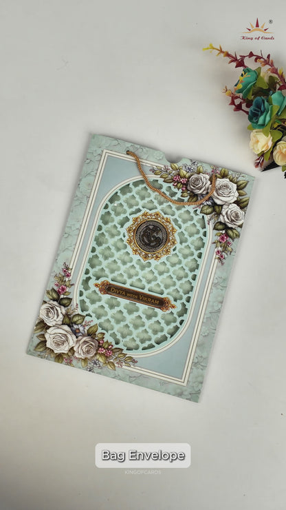 Pastel Blue Laser-Cut Floral Bag Style Wedding Card - KNAS3105