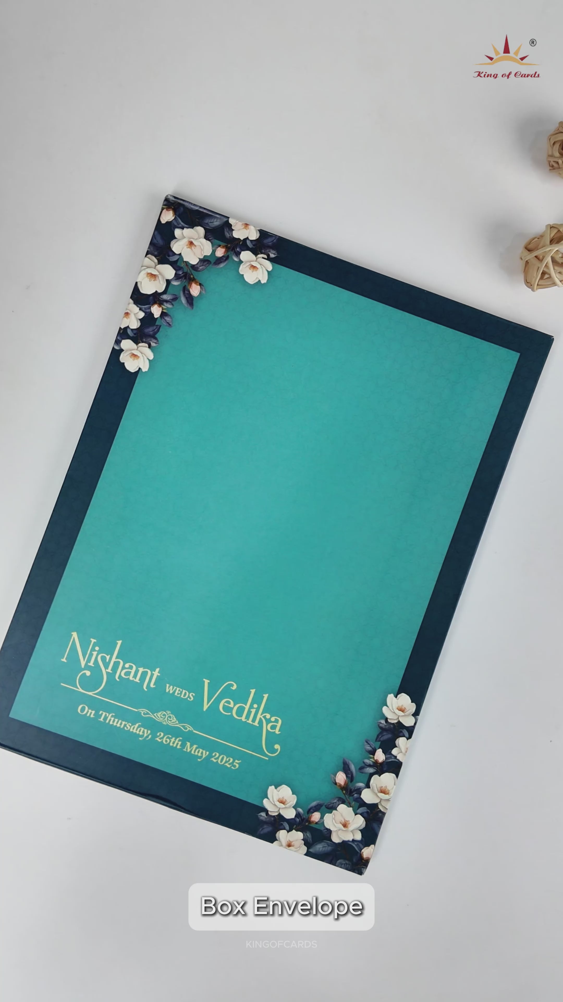 Blue Floral Gold Frame Padded Wedding Card-KRE27970