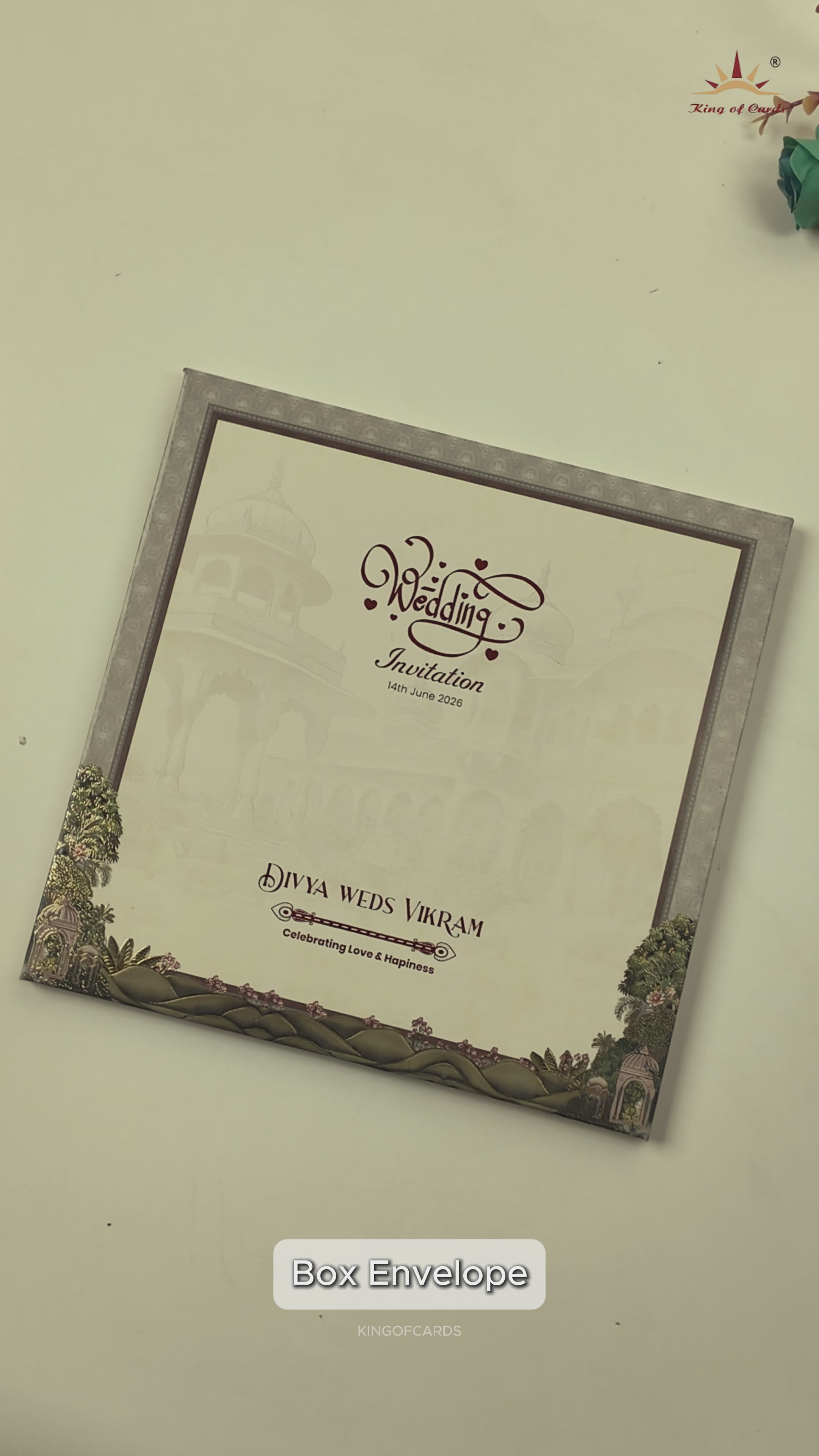 Cream Padded Garden Palace Wedding Card-KNPO5572C