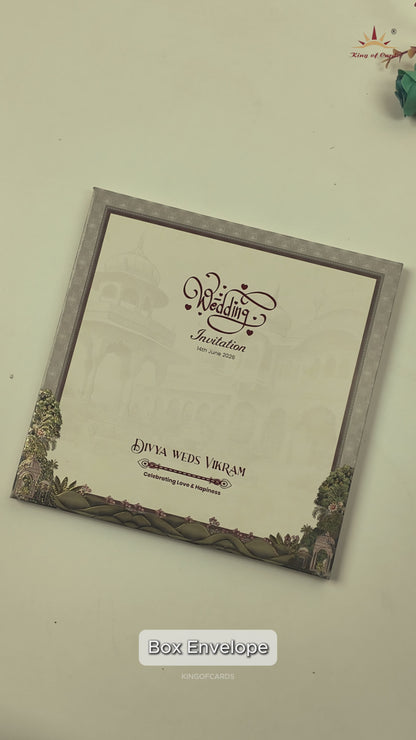 Cream Padded Garden Palace Wedding Card-KNPO5572C