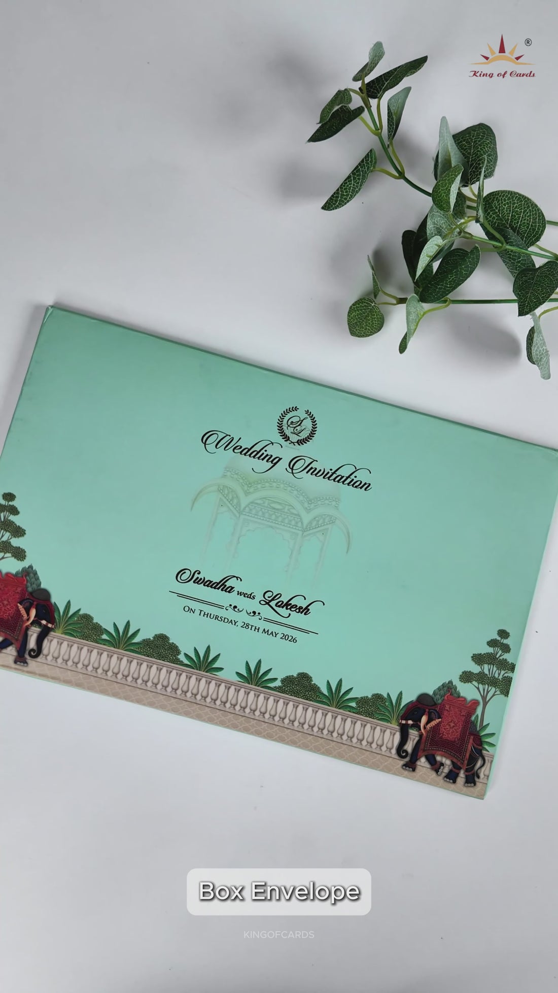 Mint Green Palace Elephant Padded Wedding Card-KRE27150