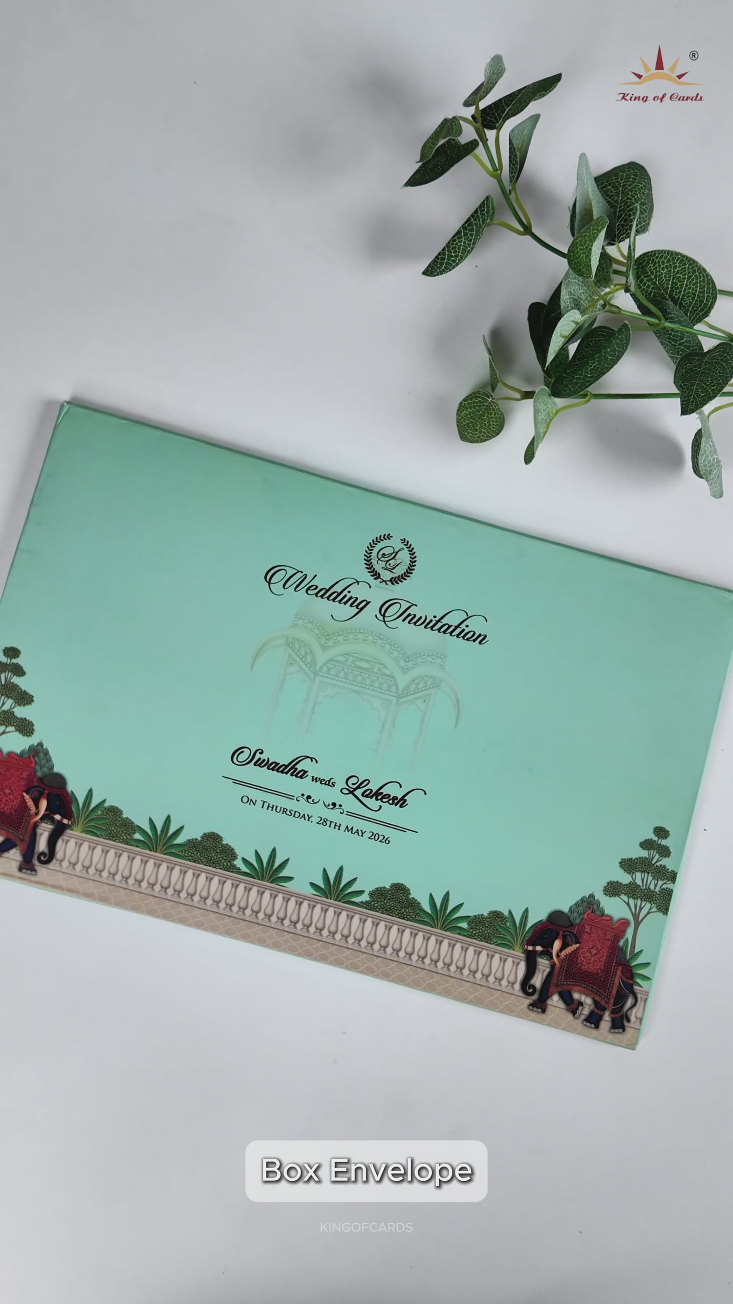 Mint Green Palace Elephant Padded Wedding Card-KRE27150
