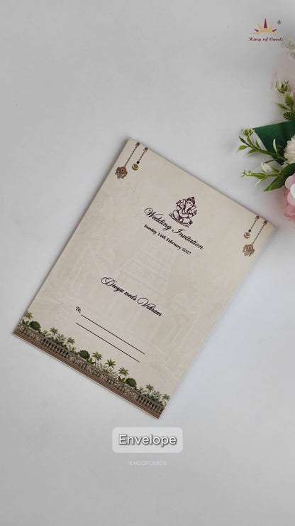 Cream Lord Srinivasa Kalyanam Wedding Invitation Card - KNCT7411