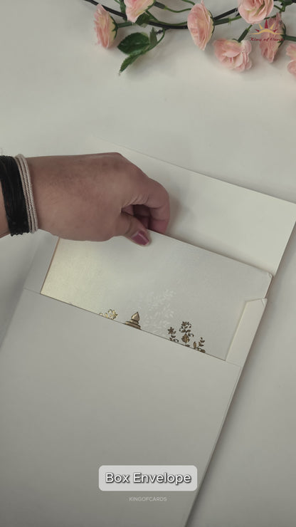 White Arch Ganesha Padded Wedding Card-KRE27510