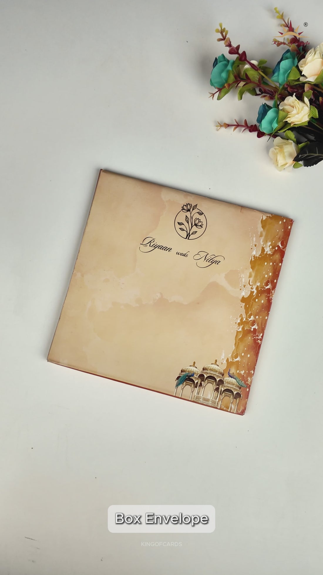 Orange Padded Peacock Palace Wedding Card-KRC31490