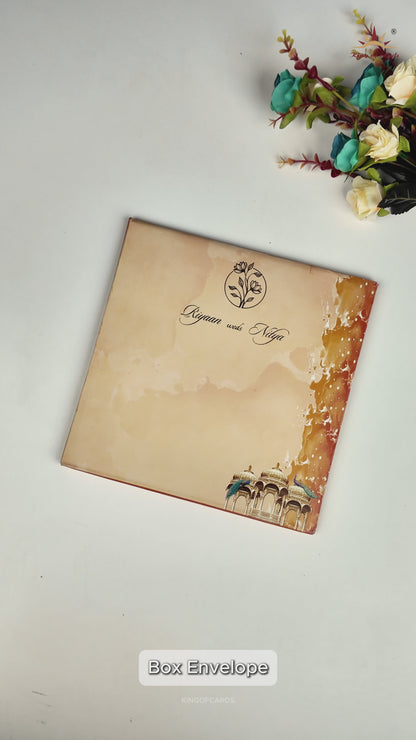 Orange Padded Peacock Palace Wedding Card-KRC31490