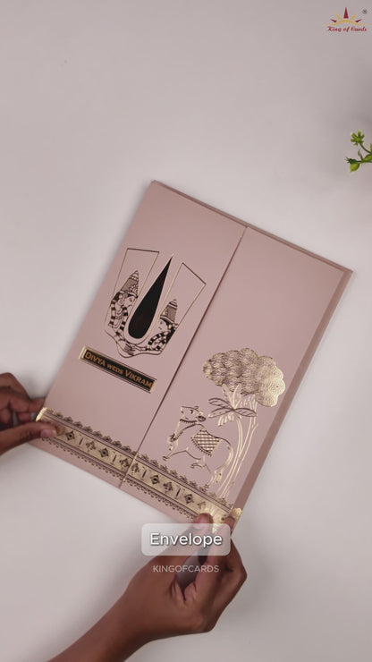 Pastel Pink Vaishnava Tilak Door Style Wedding Card - KNRR8708P