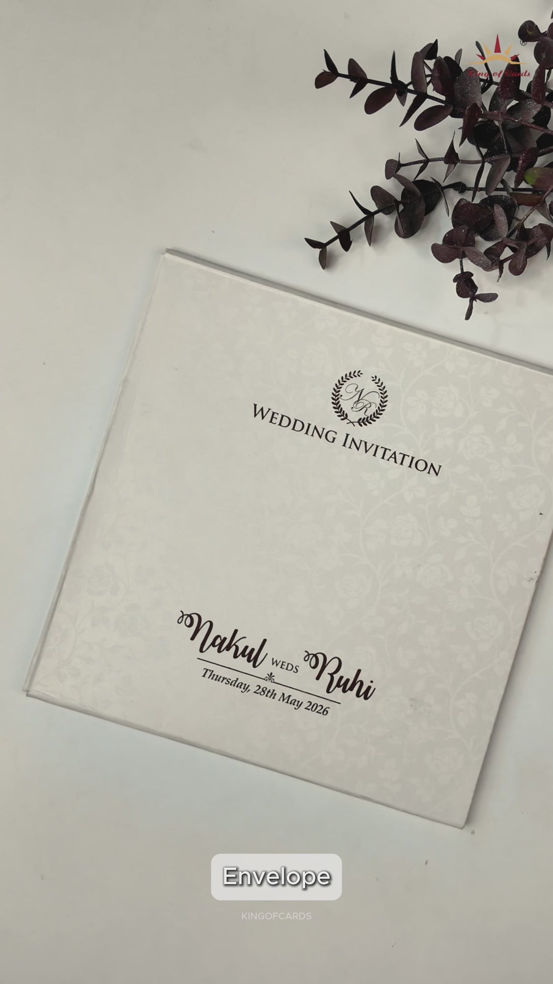 White Ganesha Floral Embossed Wedding Card-KRE28550