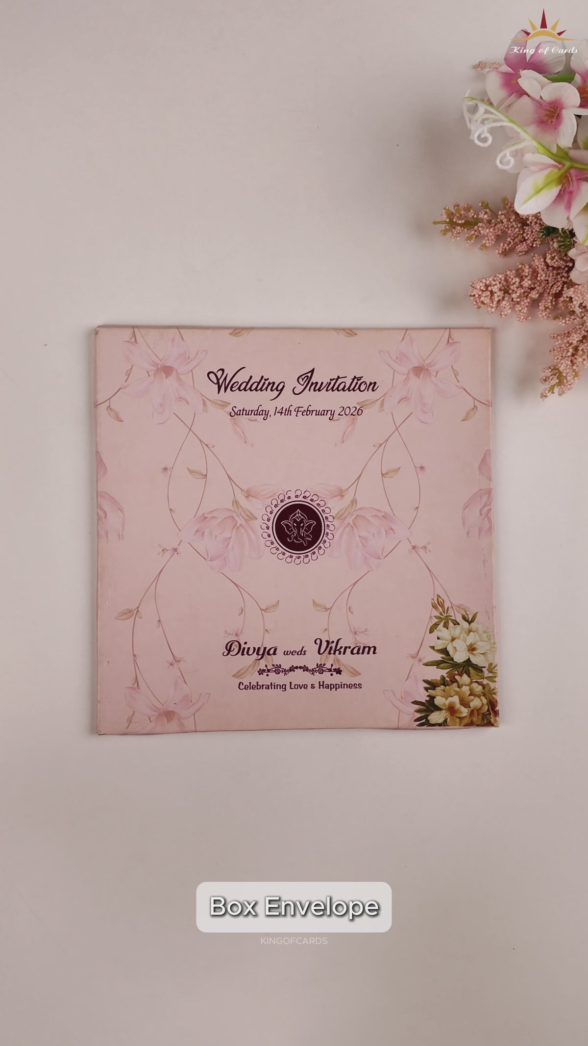Pink Laser Cut Floral MDF Wedding Card - KNKA8059