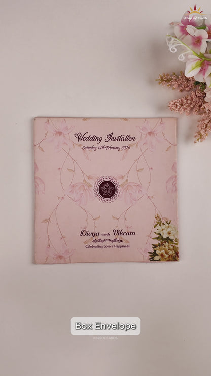 Pink Laser Cut Floral MDF Wedding Card - KNKA8059