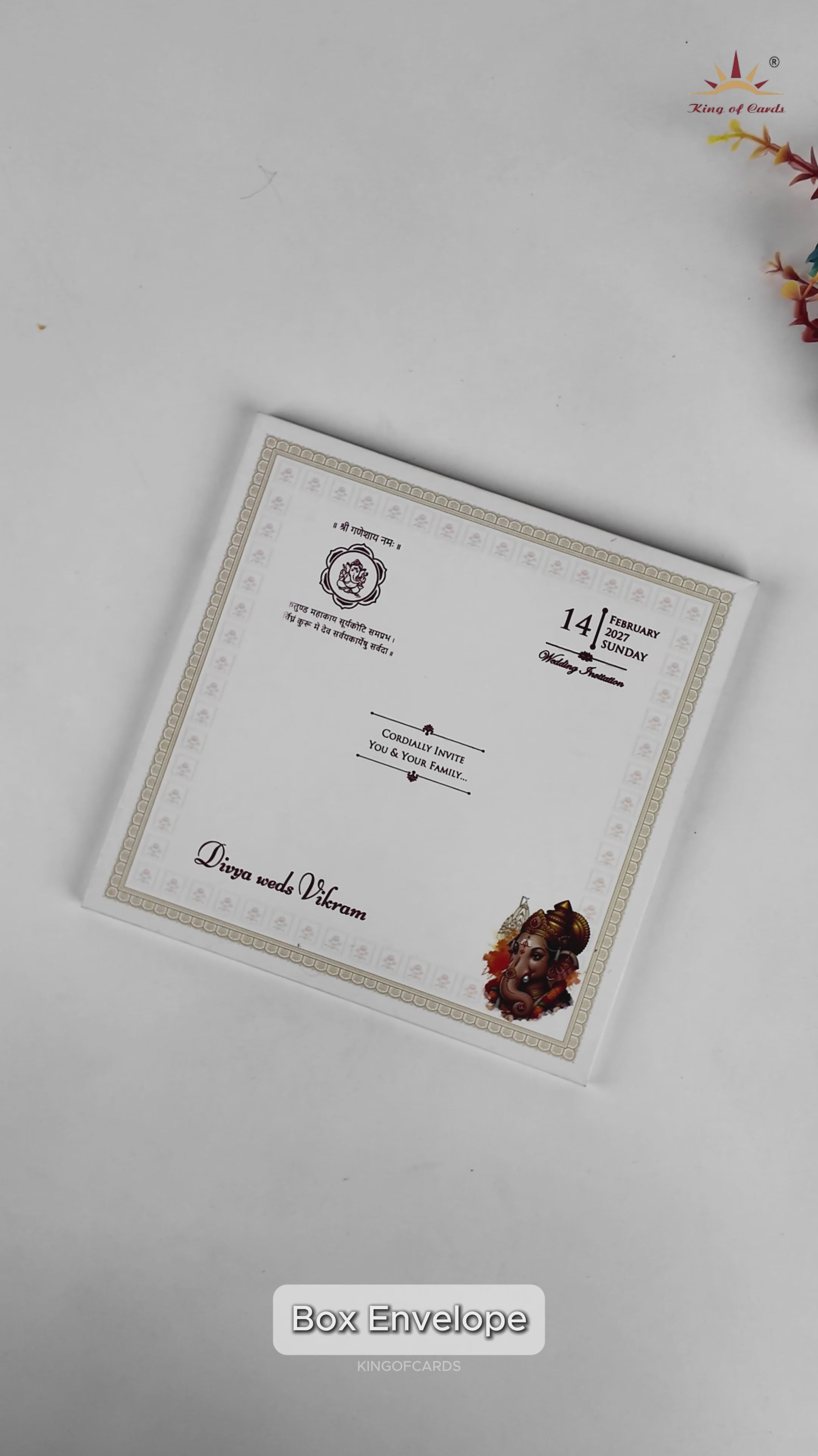 White Ganesha Floral Wedding Card - KNKD8115