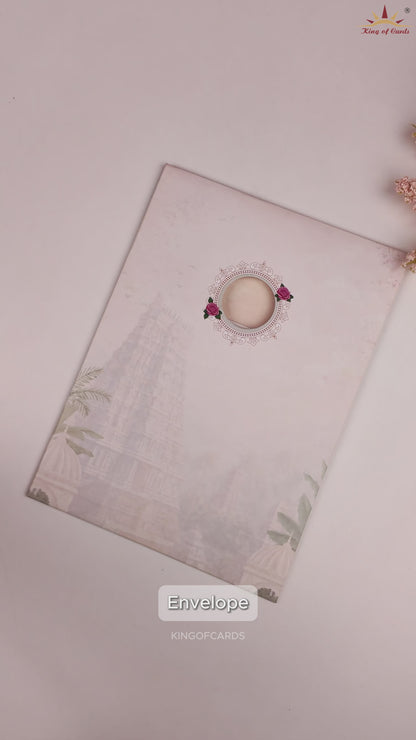 White Lord Karthikeya Temple Door Style Wedding Card - KNAR2410