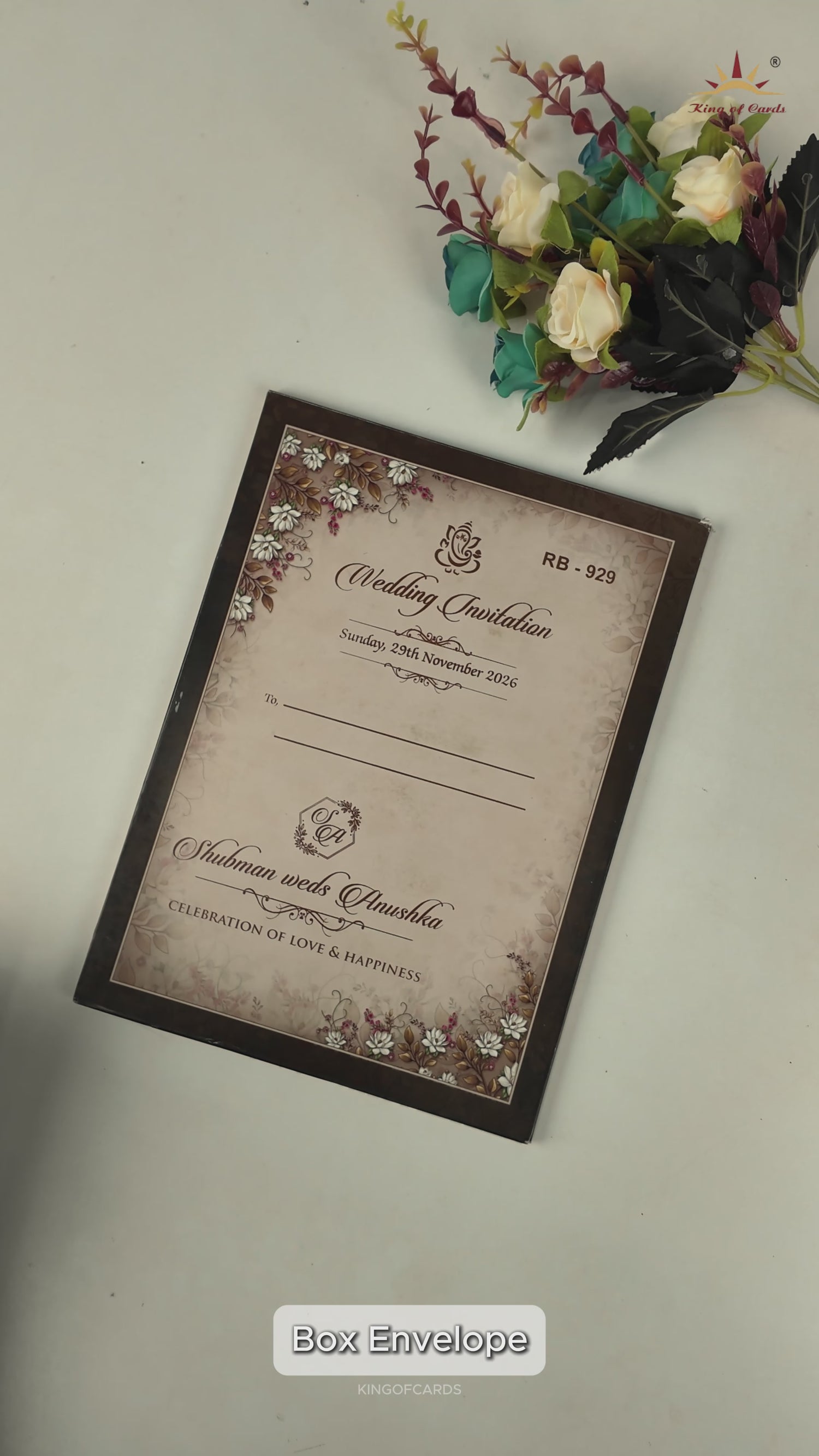 Brown White Lotus Padded Wedding Card-KRB09290