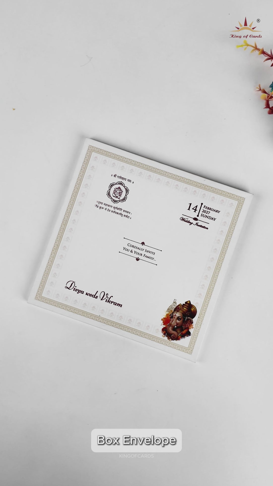 White Ganesha Floral Wedding Card - KNKD8115