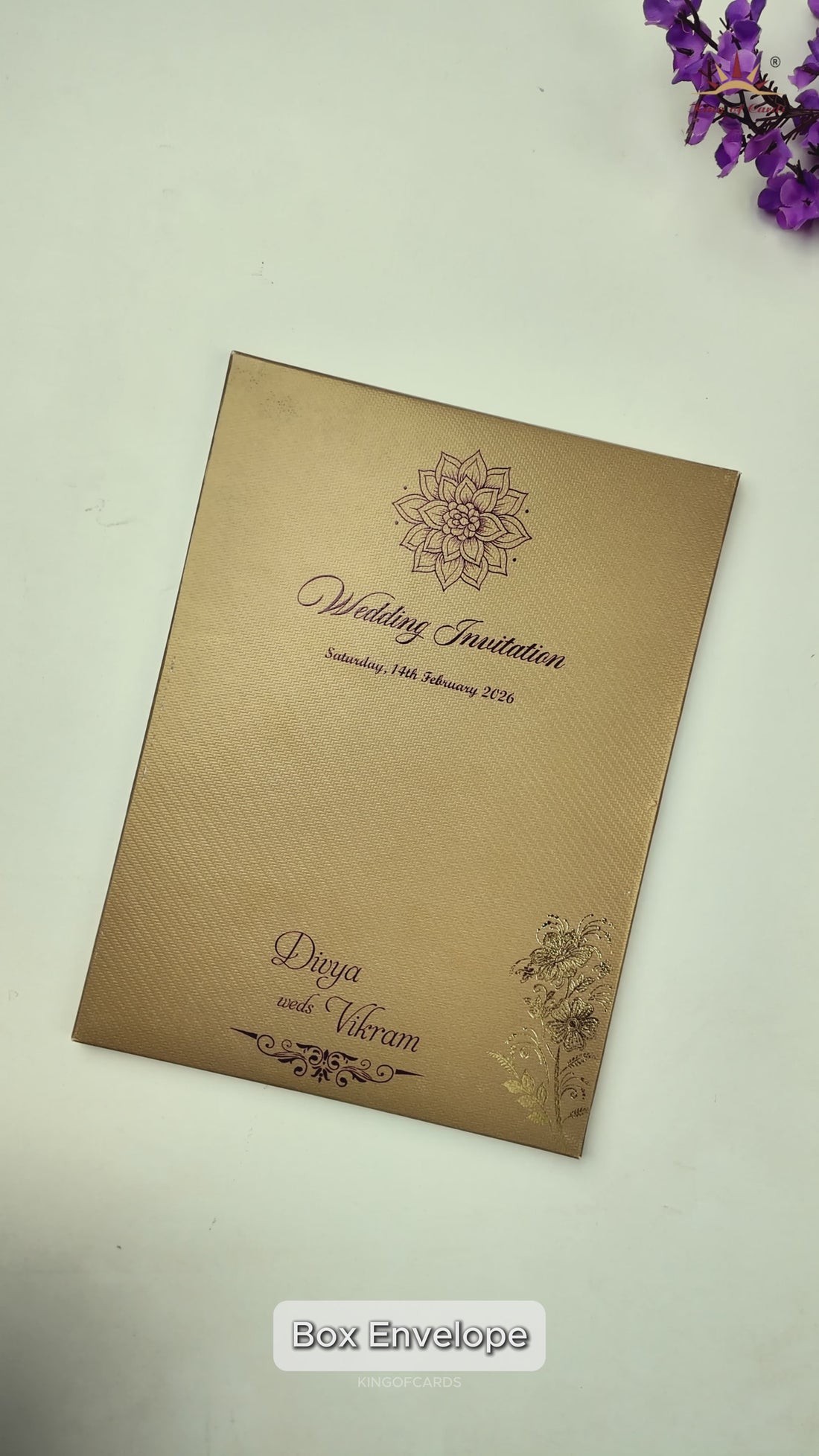 Gold Door-Style Embossed Floral Padded Wedding Card - KNPM9513G