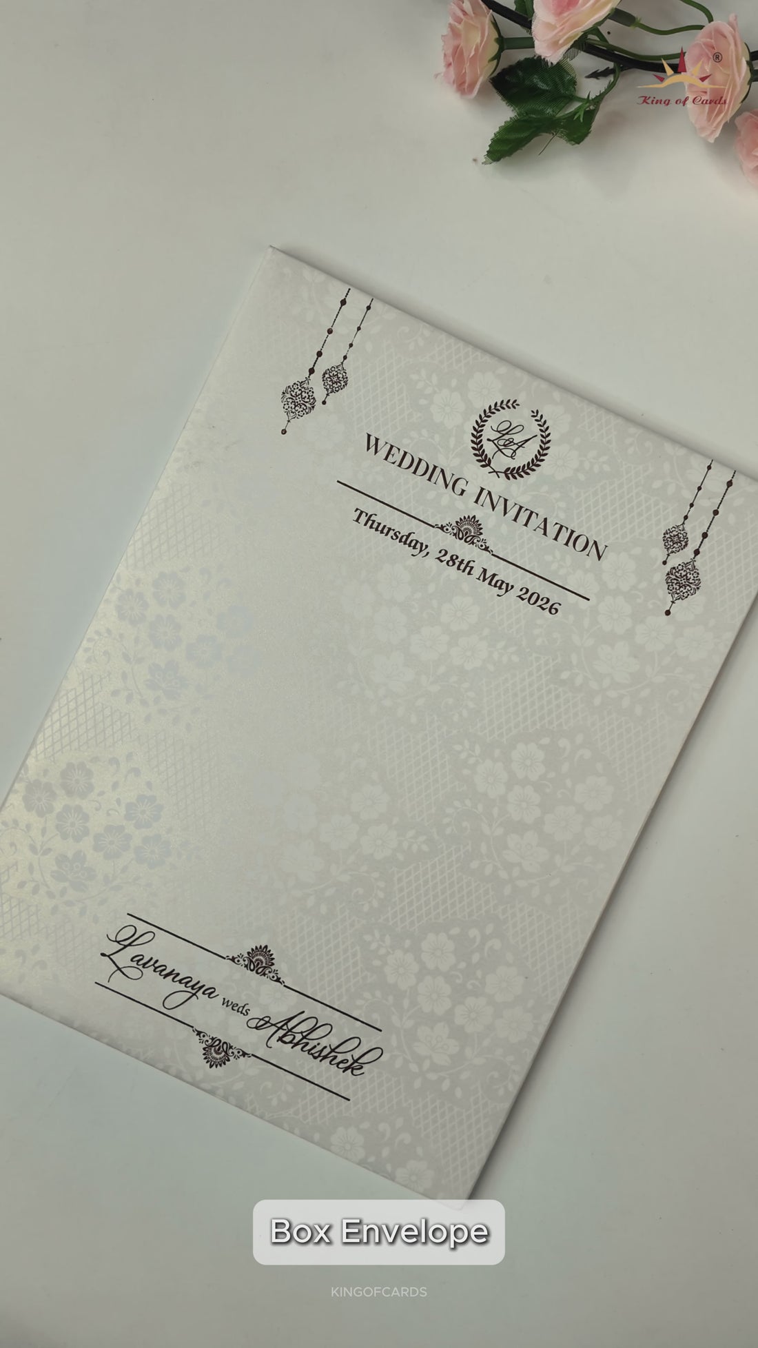 White Ganesha Floral Border Padded Wedding Card-KRE26410