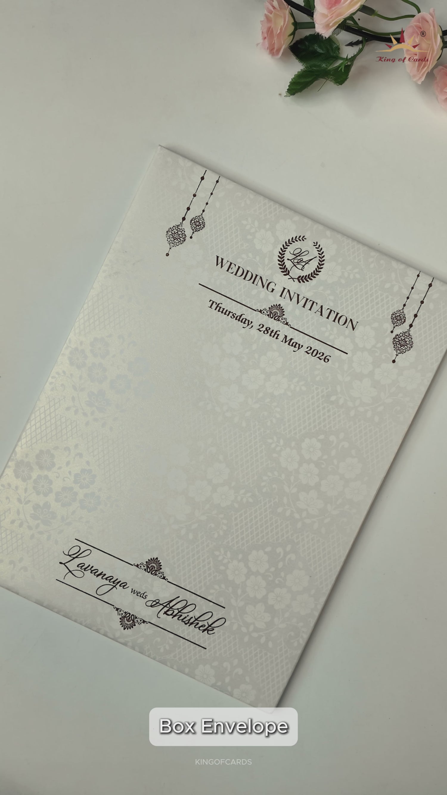 White Ganesha Floral Border Padded Wedding Card-KRE26410