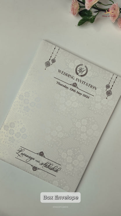 White Ganesha Floral Border Padded Wedding Card-KRE26410