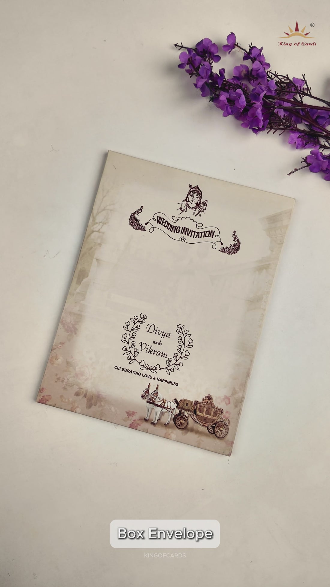 Beige Ganesha Floral Padded Cart Wedding  Card - KNPO9535C