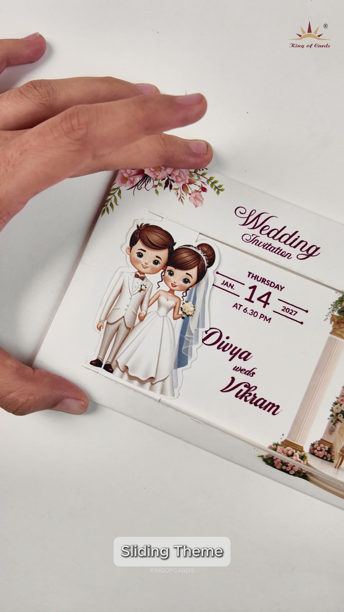 White Slide Floral Bride Groom Wedding Card - KNKSP761