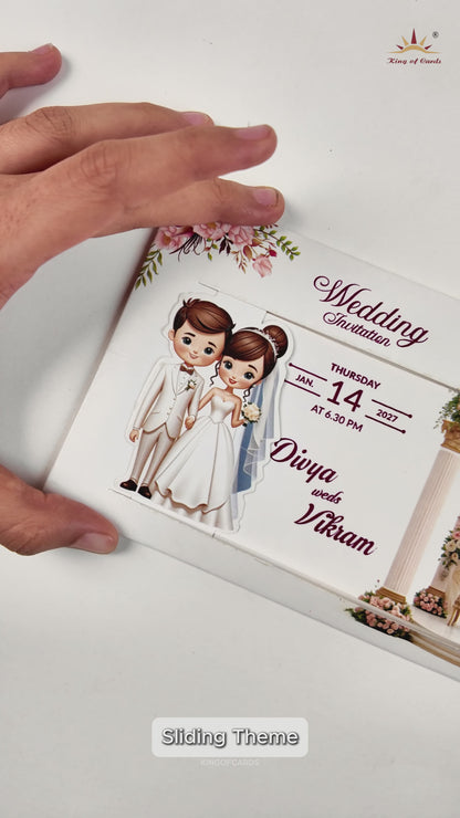 White Slide Floral Bride Groom Wedding Card - KNKSP761