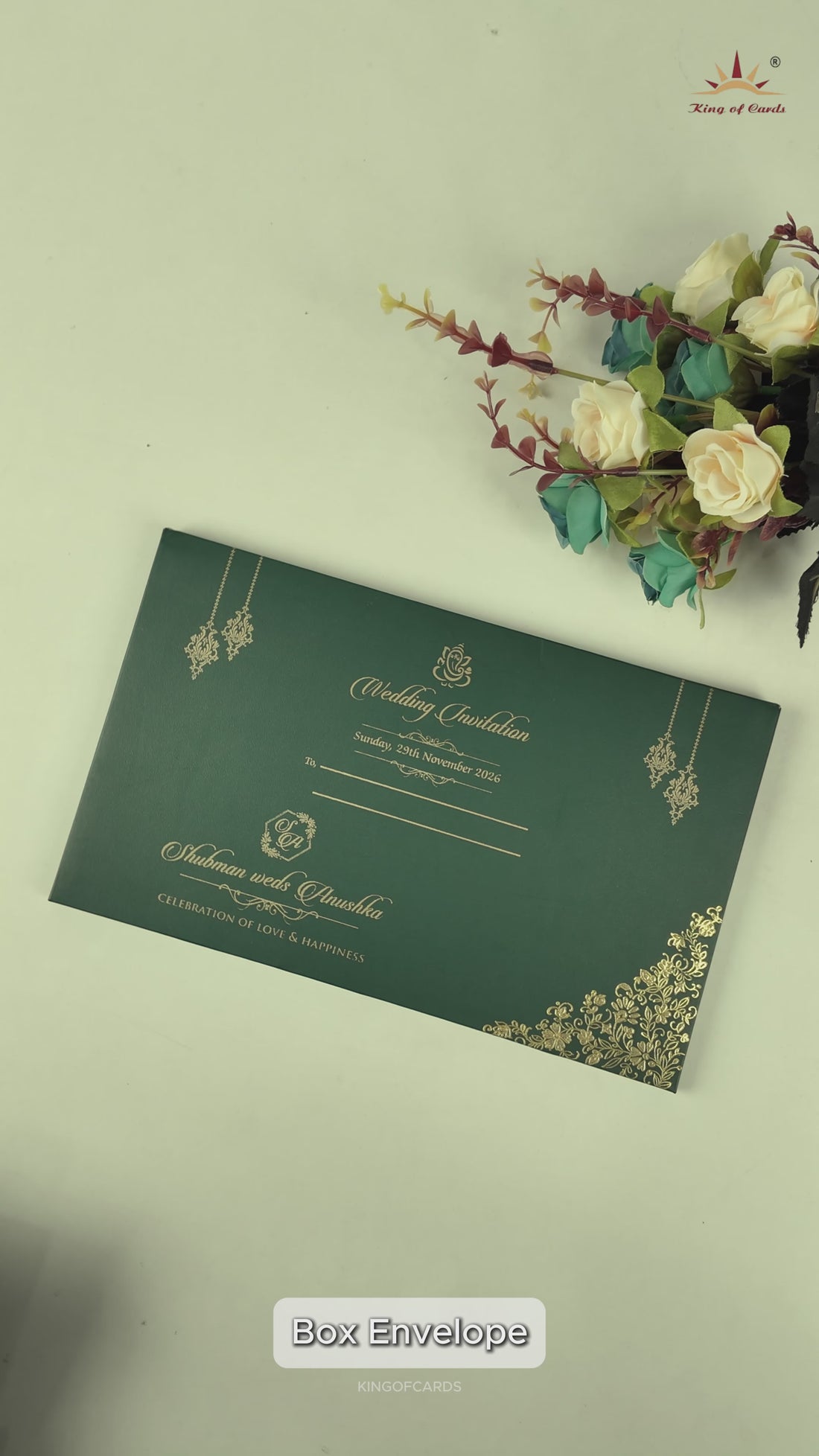 Green Gold Medallion Padded Wedding Card-KRB09330