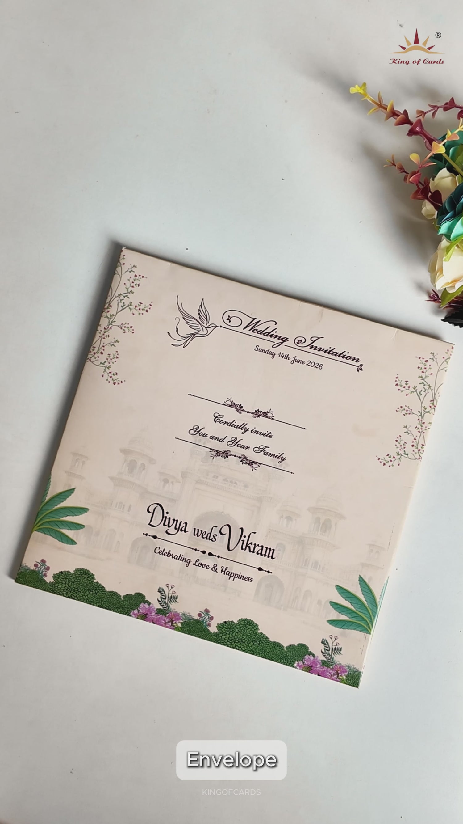Pink Laser-Cut Floral Peacock Wedding Card - KNBS3402