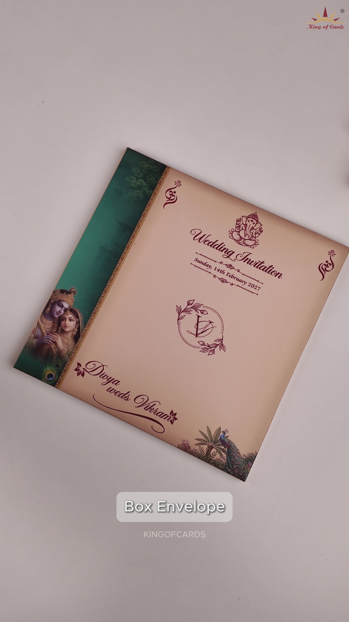 Teal Green Radha Krishna Door Style Wedding Card - KNSR8814
