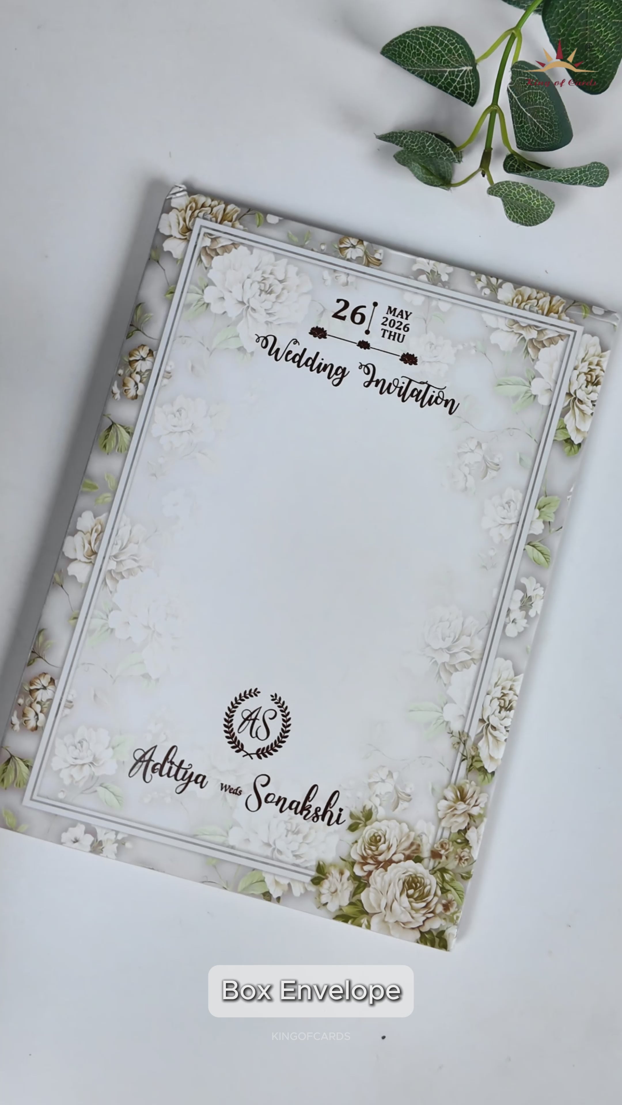 Green Floral Gold Frame Padded Wedding Card-KRE27240