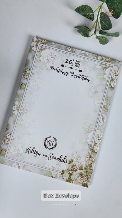 Green Floral Gold Frame Padded Wedding Card-KRE27240