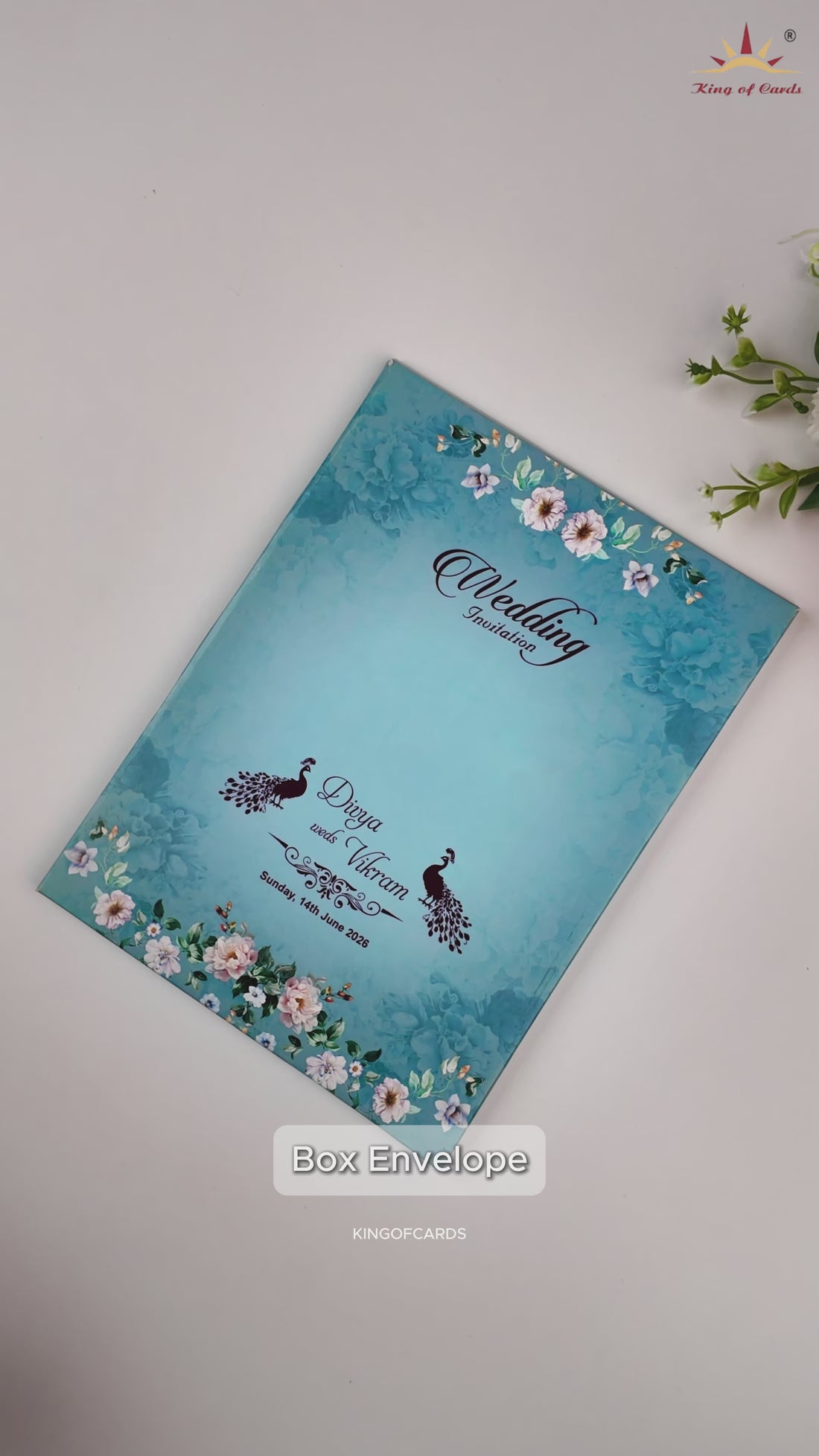 Blue Laser Cut Floral Box Wedding Card - KNOR5202