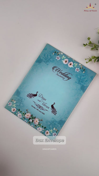 Blue Laser Cut Floral Box Wedding Card - KNOR5202