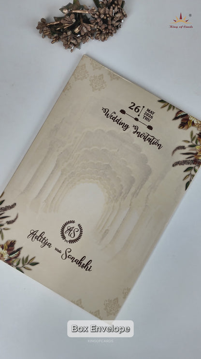 Cream Floral Palace Arch Padded Wedding Card-KRE26540