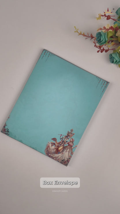 Blue Radha Krishna Padded Wedding Card - KAA05550