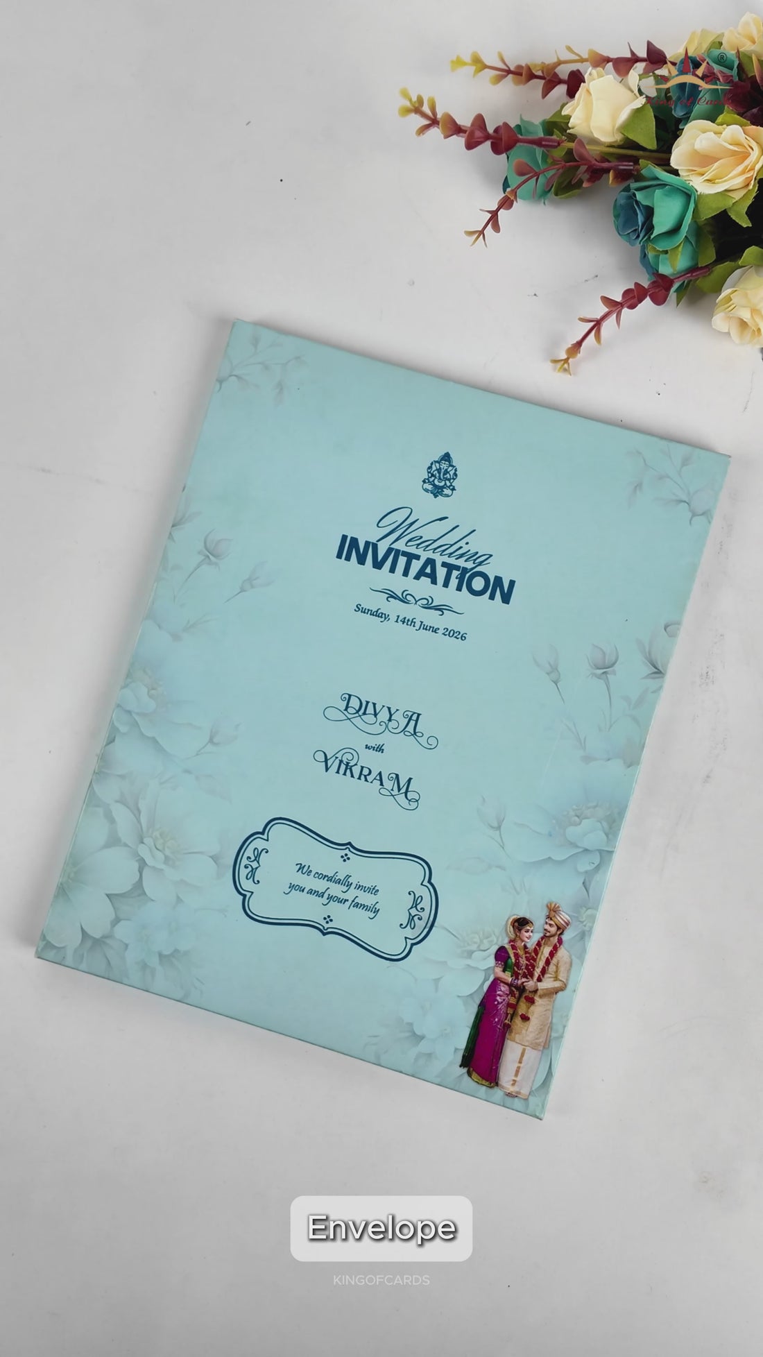 Blue Floral Couple Padded Wedding Card-KNMO9314