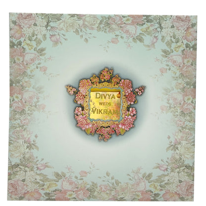 Blue Padded Floral Wedding Card In Offset-KNPO5515B