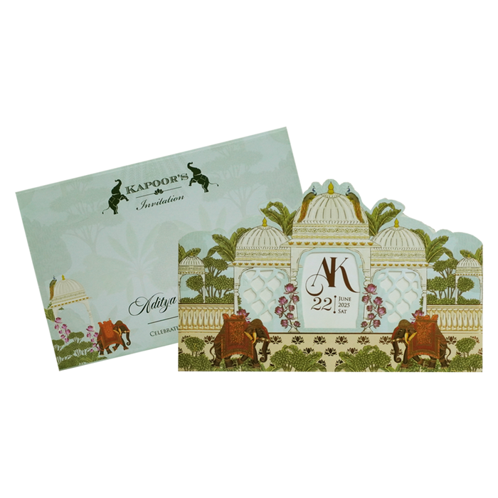 Blue Floral Arch Laser Cut Marriage Invitation-King of Cards