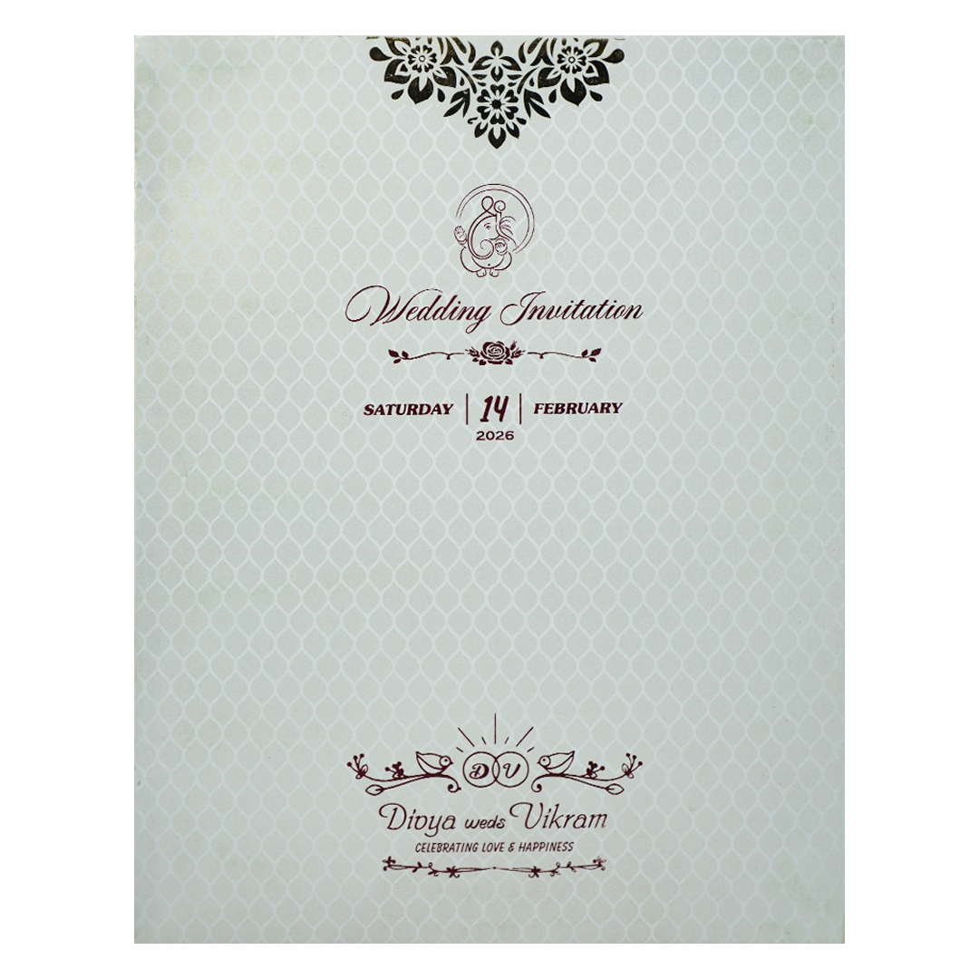 White Textured Floral Band Wedding Card-KNCS8516W