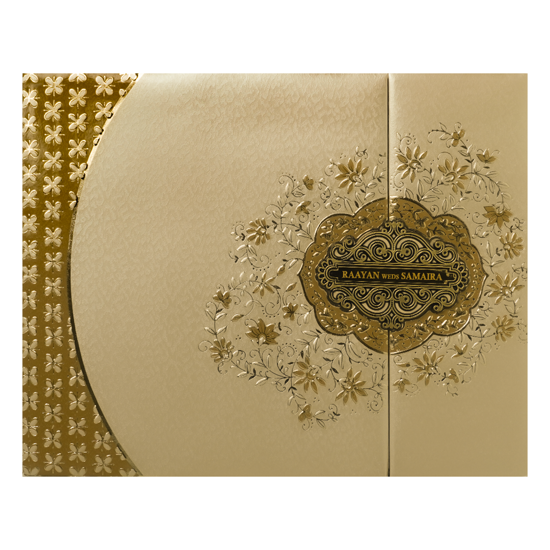 Check out Gold Floral Ornate Padded Wedding Card at best price. ✅WhatsApp Support ✅Express Delivery.|King of cards.