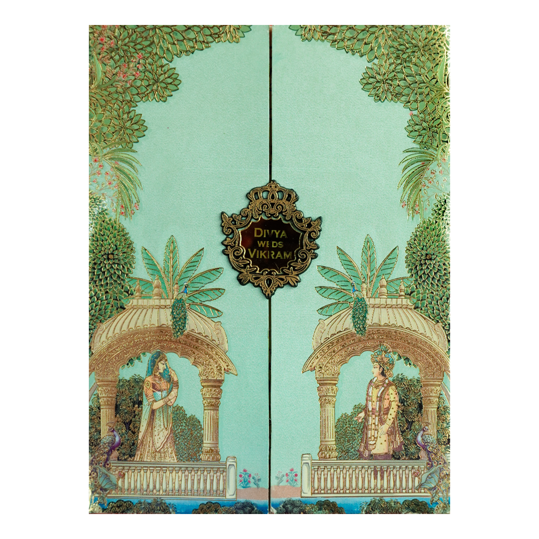 Green Mughal Gatefold Wedding Card-KNKC4087