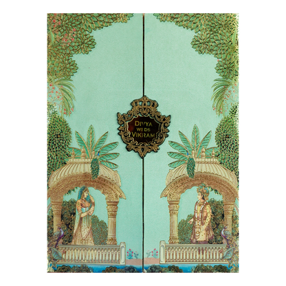 Green Mughal Gatefold Wedding Card-KNKC4087