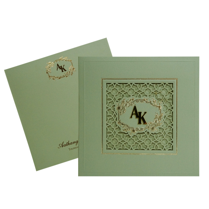 Green Laser Cut Padded Wedding Card Design-King of Cards