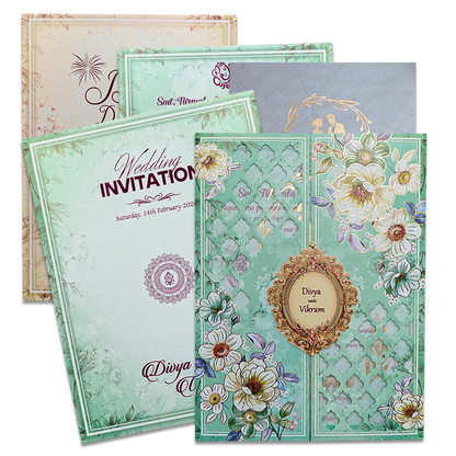 Mint Green Floral Laser Cut Wedding Card-KNNO7401