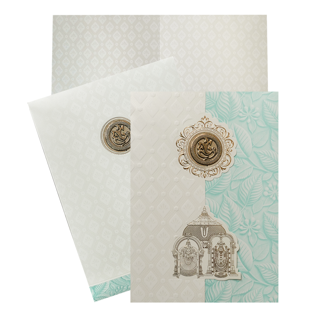 Checkout White Pastel Blue Ganesha Temple Wedding Card at best price. ?WhatsApp Support ?Express Delivery.|King of cards.