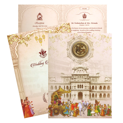 Cream Traditional Dholi Wedding Card-King of Cards