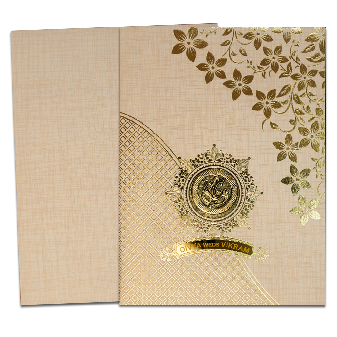 Cream Gold Floral Ganesha Wedding Card-KNK7082S