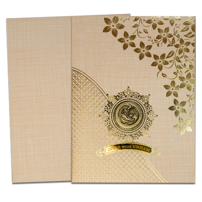 Cream Gold Floral Ganesha Wedding Card-KNK7082S