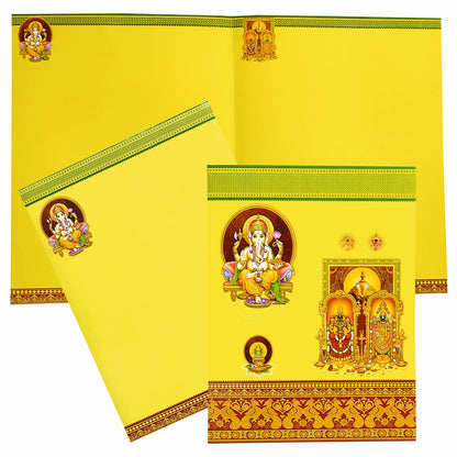 This invitation card features Lord images on a yellow background, adding a touch of traditional and religious design. Reach us to know more about.