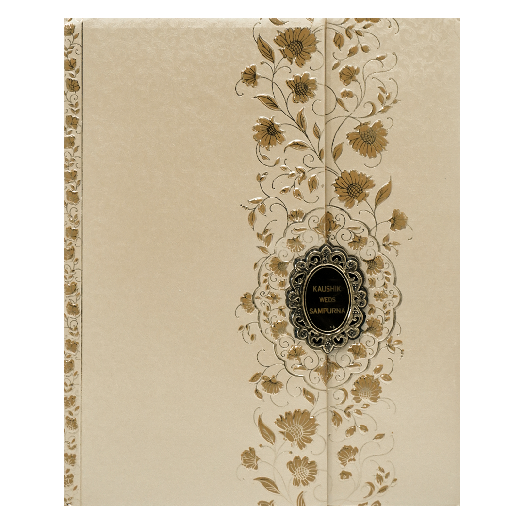 Check out Cream Gold Floral Padded Wedding Card at best price. ✅WhatsApp Support ✅Express Delivery.|King of cards.