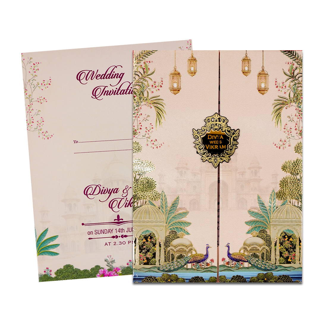 Cream Palace Peacock Padded Wedding Card-KNPO9534C